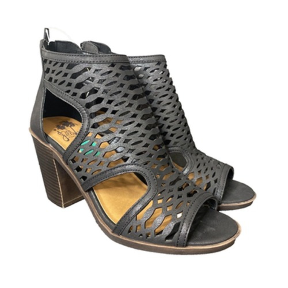 JellyPop Terrence Caged Open Toe Ankle Boots Womens Size 7.5 Zip 3" Heel Black